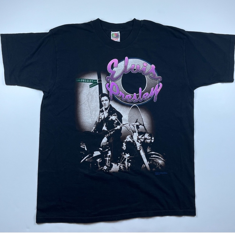 Vintage Elvis Presley Motorcycle Pink Graphic Tee Black Fruit of the Loom XL